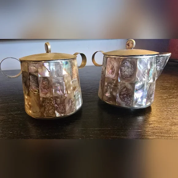 Vintage Mexican Silver And Abalone Cream And Sugar Taxco Inspired - Picture 2 of 6